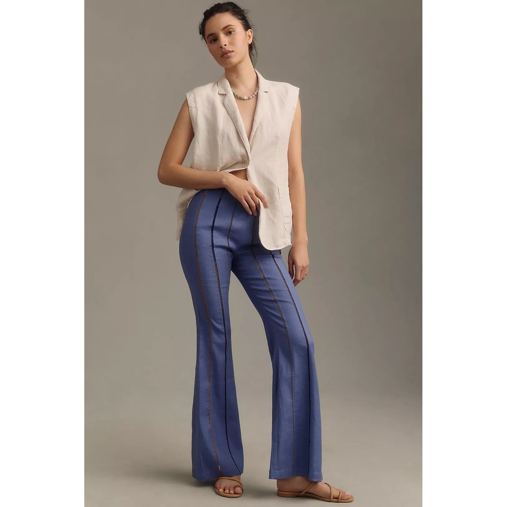 Anthropologie Striped Flare Pants 8 Blue‎ Linen Blend Embroidered Fitted Boho